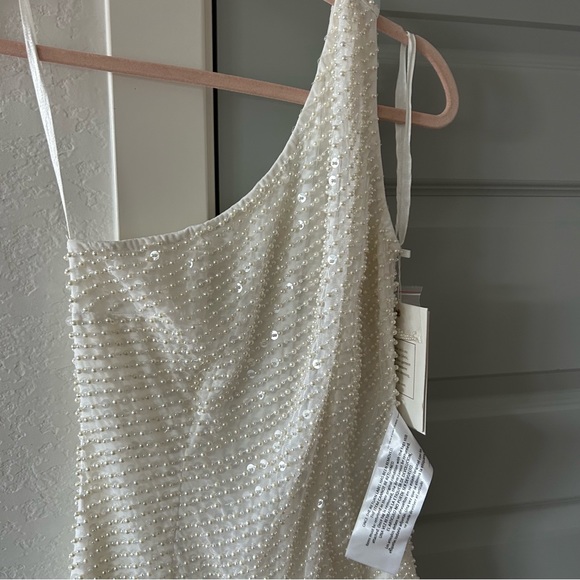 NWT Mac Duggal 93741 Pearl Sequin One Shoulder Asymmetrical White Midi Gown - Picture 5 of 9